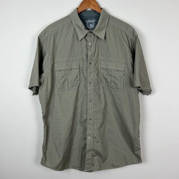 Kuhl Eluxur Shirt Mens XL Green‎ Stripe Short Sleeve Button Up Lightweight Flaws - Picture 1 of 13